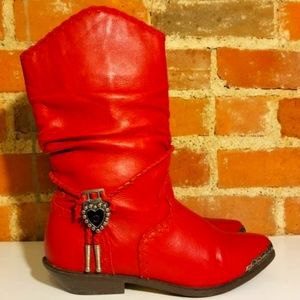 ZODIAC RED BOOTS VINTAGE COWBOY COWGIRL WESTERN LEATHER BLACK HEART BOLO TIE 8